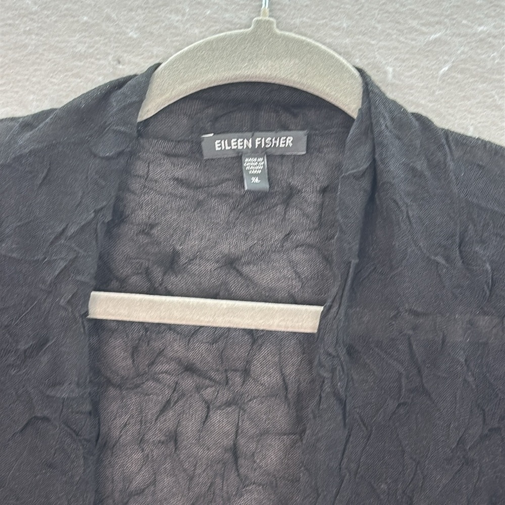 Eileen Fisher women’s Black crinkle Open Front Cardigan semi sheer 3/4 sleeve XL - Picture 2 of 4